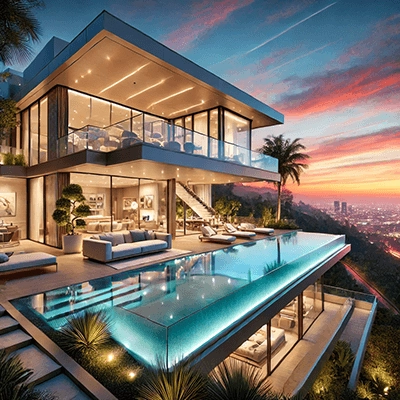 A luxurious modern villa in Beverly Hills USA featuring state of the art smart home technology a resort style infinity pool and panoramic city views at sunset 400x400px